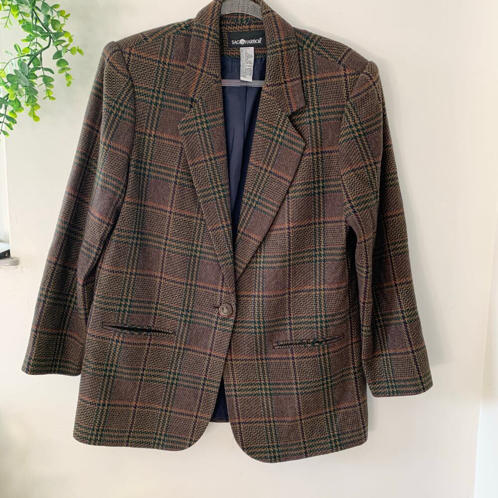 Sag Harbor Vintage Brown 90s Plaid Wool Blazer 10 Medium